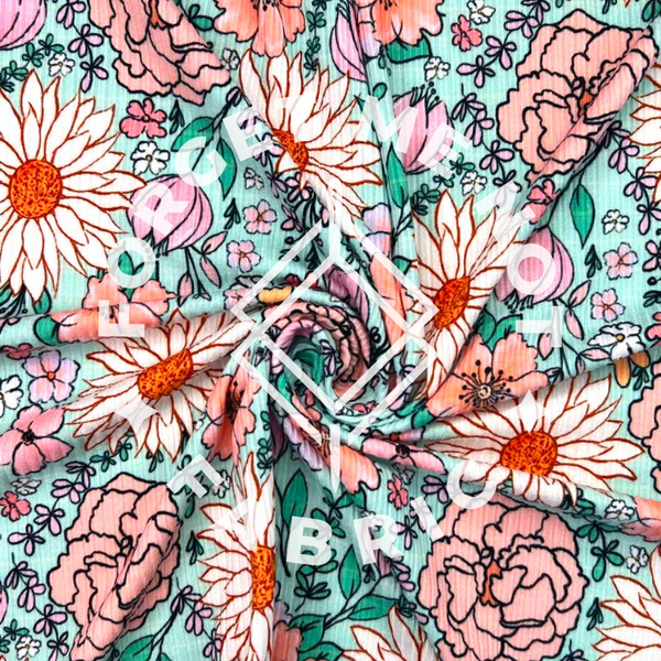 Spring Florals Boho Aqua, Lightweight 4x2 Rib Knit Fabric