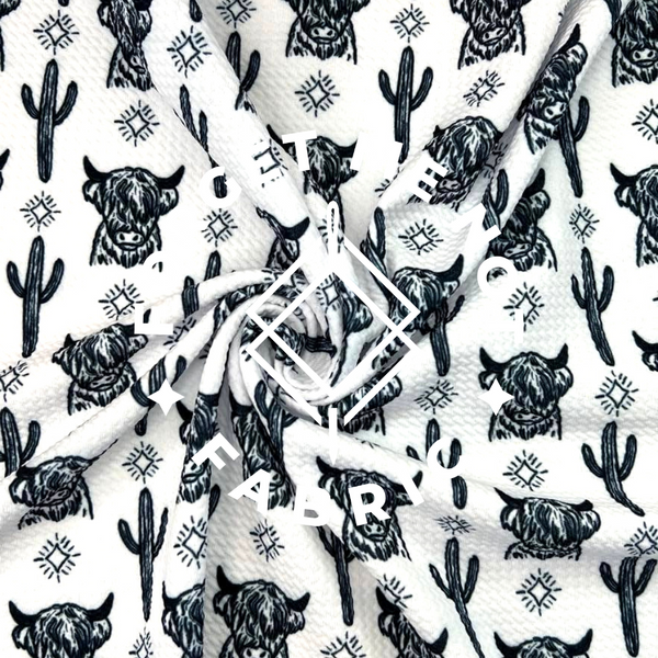Black & White Highland Cow Fabric, Bullet Knit Fabric, Highland Cow Cactus Fabric