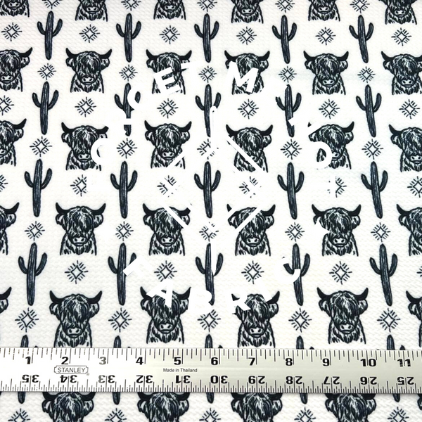 Black & White Highland Cow Fabric, Bullet Knit Fabric, Highland Cow Cactus Fabric