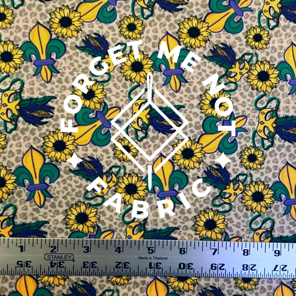 Mardi Gras Sunflowers Leopard, Soft DBP Fabric, Mardi Gras Mask Fabric