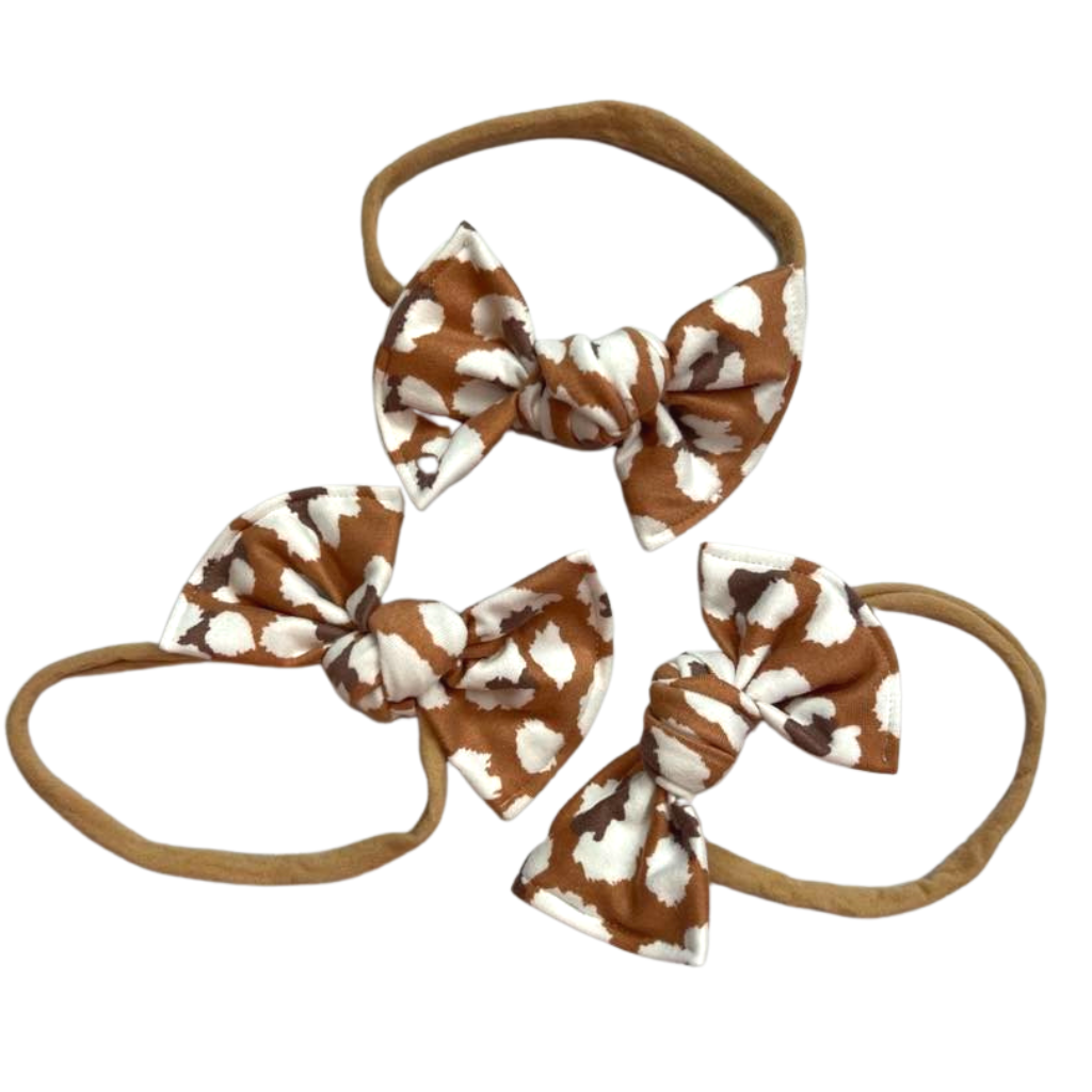 Tan and Creamy Ivory Leopard DBP Knottie Bows, Hand Made in USA, Super Soft Knottie Bow Headbands