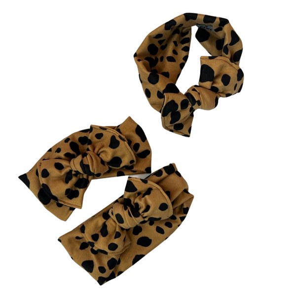 Taupe Leopard DBP Butter Knit Chunky Bow Headwraps, Hand Made in USA, Newborn Bows Headwraps