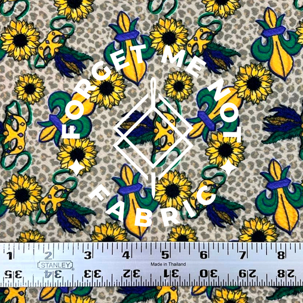 Mardi Gras Sunflowers Leopard, Bullet Knit Fabric, Mardi Gras Mask Fabric