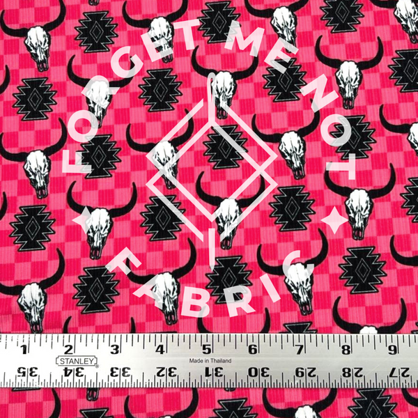 Pink Chex Skull, Rib Knit Fabric, Western Collection