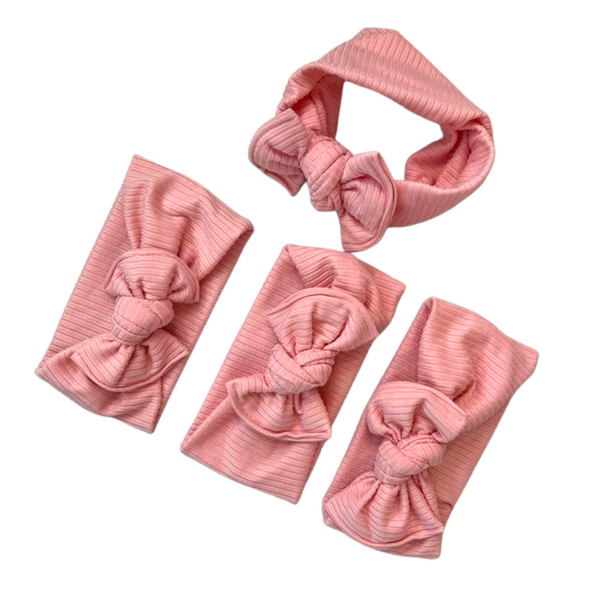 Pink Rib Knit Chunky Bow Headwraps, Hand Made in USA, Newborn Bows Headwraps