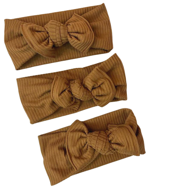 Caramel Rib Knit Chunky Bow Headwraps, Hand Made in USA, Newborn Bows Headwraps