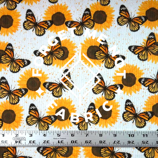 Butterfly Sunflower, Rib Knit Fabric, Sunflower Monarch Butterfly Fabric