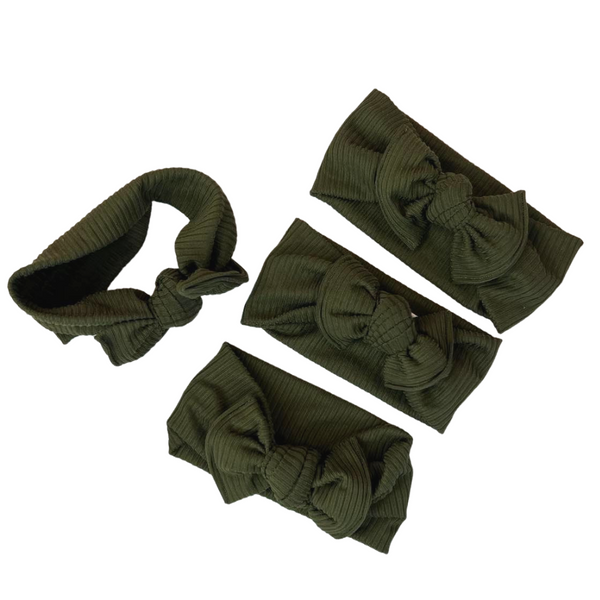 Dark Green Rib Knit Chunky Bow Headwraps, Hand Made in USA, Newborn Bows Headwraps