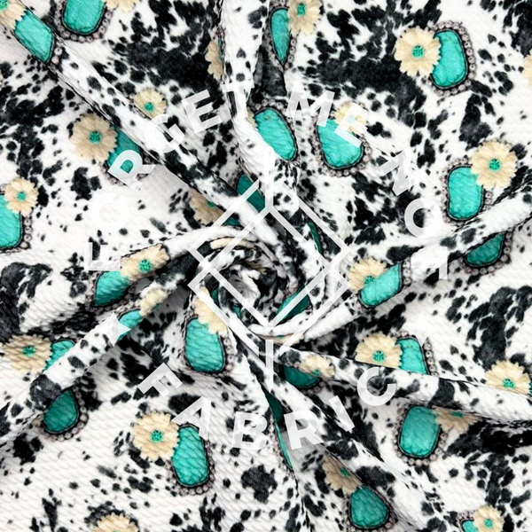 Cowhide Floral Turquoise, Bullet Knit Fabric, Western Fabric
