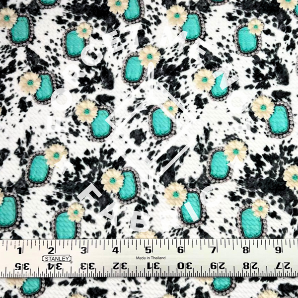 Cowhide Floral Turquoise, Bullet Knit Fabric, Western Fabric