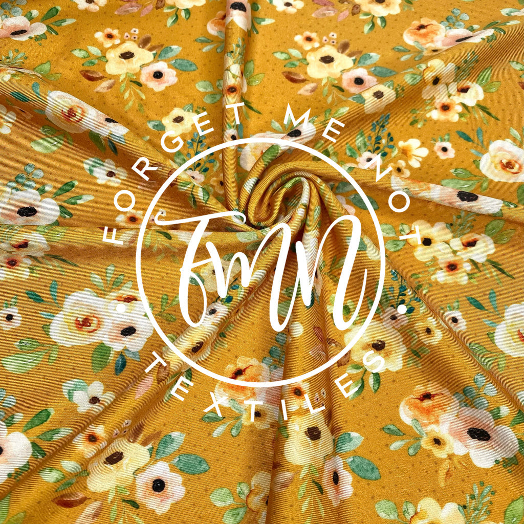 Mustard Floral Dots, Swim Spandex Fabric, Flower Bunch Design