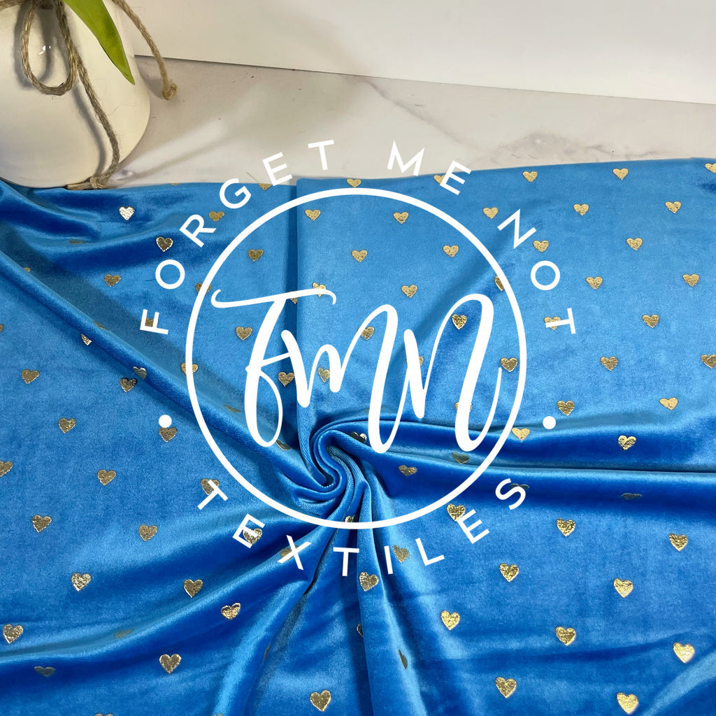 Nobility Aquamarine Blue Metallic Gold Hearts Velvet Fabric